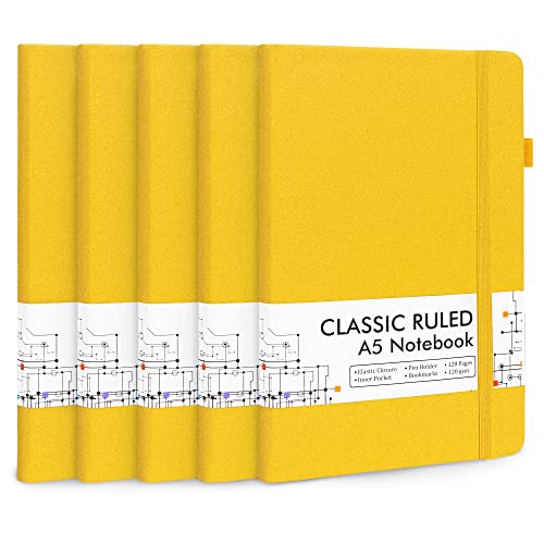5 Pack Journal Notebook Bulk for School, Feela Hardcover Business Notebooks Classic Ruled Lined Journals with Pen Holder for Work Note Taking, with 5 Black Pens, 120 GSM, 5.1”x8.3”, A5, Yellow - color: 5 Pack yellow
