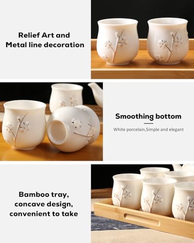 Dujust Japanese Tea Set, White Porcelain Chinese Tea Set (Plum in Golden) - color: White