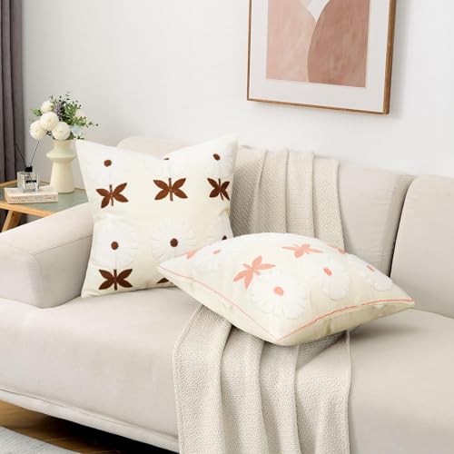 Merrycolor Boho Embroidered Throw Pillow Covers 18x18 Pink Flower Pillow Covers Textured Square Cushion Case Farmhouse Decorative Pillow Covers for Couch Bed,1PC, Beige and Pink Floral - color: Style L, size: 18" x 18" (Pack of 1)