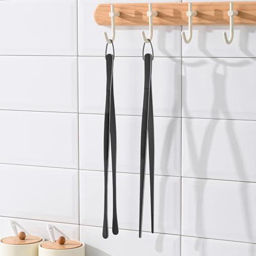 DEHOV 12 Inch Stainless Steel Black Cooking Tongs Set of 2, Metal Chef Food Tweezers For Cooking, Long Metal BBQ Tongs For Pasta, Black Pickle Grabber - color: Black