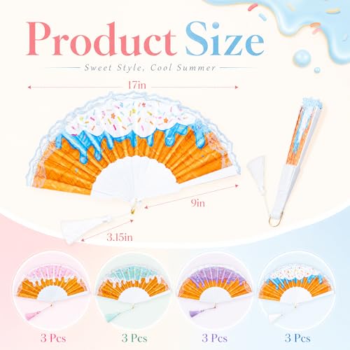 12 Pack Ice Cream Party Favors Hand Fans Bulk, Folding Fans with Tassel - color: 4 Colors, size: Ice Cream