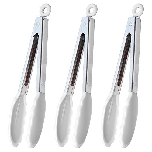 HINMAY Silicone Kitchen Tongs 9-Inch Basics Tongs, Set of 3 (White) - color: White