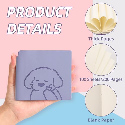 BOBO RABBIT 3 Pack Mini Blank Notebooks Pocket Size No Line Journal Notebook Total 600 Pages Small Softcover Vegan Leather Sketchbook Cartoon Puppy Dog Pattern Memo Notepads with Pen Holder for Students Women Writing Diary Sketch, 3.9"x3.9" Inner(Mini Squ
