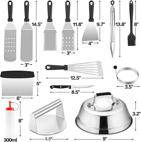 Griddle Accessories Kit of 20, HaSteeL Heavy Duty Metal Spatula Set, Stainless Steel Teppanyaki Tools for Flat Top, Barbecue Grilling Indoor & Outdoor, Melting Dome, Burger Turner, Dishwasher Safe - style: PP handle 20pcs