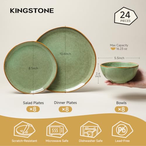 Stoneware Dinnerware Sets for 8, Reactive Glaze Plates and Bowls, Green - color: Green, size: Service for 8-24Pcs