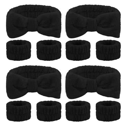 CIEHER 12 PCS Black Makeup Headband for Women Wrist Washband Scrunchies Cuffs for Washing Face, Soft Bow Hair Band Matching Wristbands, Spa Headband Coral Fleece - color: Black