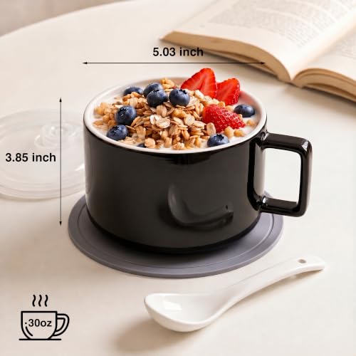 Ceramic Soup Bowls with Handles & Lids, Set of 2 with Spoons & Trivets, 30oz Large Soup Mugs, Oven Safe Bowls for Soup, Ramen, Oatmeal & Cereal, Microwave & Dishwasher Safe, Black - color: Black