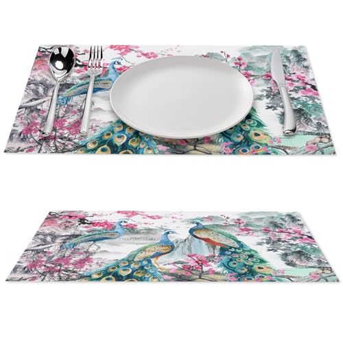 Peacock Placemats Set of 4, 12x18 Inch Vintage Japanese Landscape Traditional Ink Painting Cherry Blossom Asian Style Seasonal Spring Holiday Coffee Table Mats for Party Kitchen Dining Decoration - color: Pm-floral Bird02, size: 4pcs