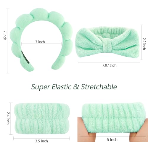 VELSCRUN Spa Headband, Makeup Face Wash Skincare Headbands, 6 Pcs Bright Green Sponge Bow Tie Get Ready HairBand Facial Wristband Set, Stuff for Teen Girls Women Trendy Fashion Hair Accessories - color: Bright Green
