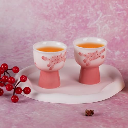 KAMMAK Tea Cup, 2oz Small Tea Cups, Porcelain Tea Cups Set with Short Stem, Cute Ceramic Teacups for Home, Party, Office, Chinese Kungfu Tea Set for Hot/Cold Drink (Pink Pile Flowe) - style: 714N Pink Flower
