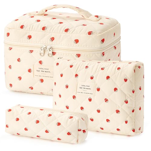 HBselect Quilted Makeup Bag, 3Pcs Cotton Large Travel Makeup Bags Organizer - color: A-3PCS-Floral 15