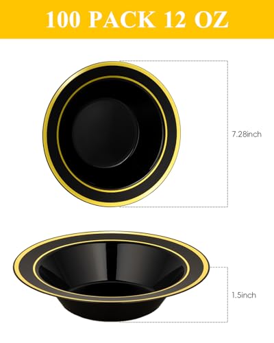 BESTSTAR 100 Pack Black Disposable Bowls with Gold Rim - color: Black, size: 100 pack