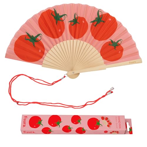 Fisura – Original Folding Fan with Tomato Print. Colorful Wooden Folding Fan in red with Strap Included. Fun Gift idea for Travel Beach Days or Summer Events. 16.7 x 9 in. - color: Tomatoes, Red