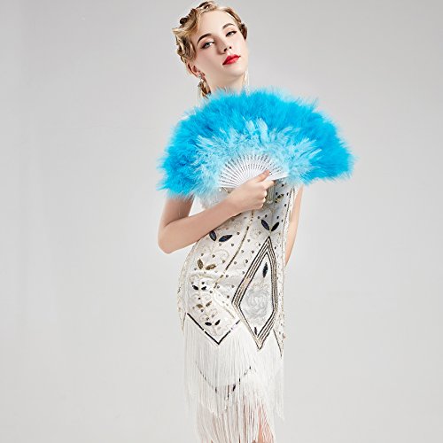 BABEYOND 1920s Marabou Feather Folding Hand Fan - color: Y-gradient Blue
