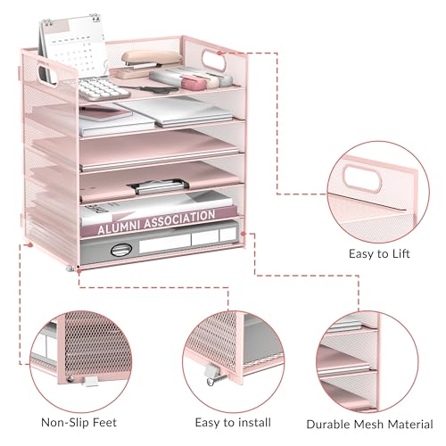 Daltack 6-Tier Paper Organizer for Desk with Handle, Pink - color: Pink