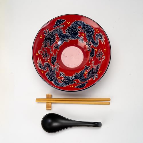 Urban Tokyo 24oz Large Ceramic Ramen Bowl Set with Chopsticks, Spoon & Bamboo Rest – Oriental Japanese Design, Microwave & Dishwasher Safe, Red Dragon - color: Red Dragon