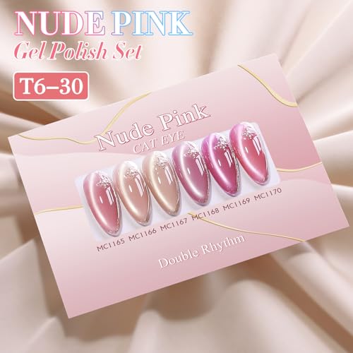 Double Rhythm Cat Eye Gel Nail Polish Set of 6 Same Color Same Bottle 0.5 Oz Shimmer Glitter with Magnet Holographic Reflective Magnetic UV Nail Polish Kit at Home (Nude Pink Rose-T6-30) - color: Ice Crystal