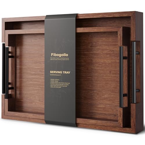 Fibogollo Set of 2 Bamboo Serving Trays with Metal Handles(Brown) - style: Brown-Medium and Large Set