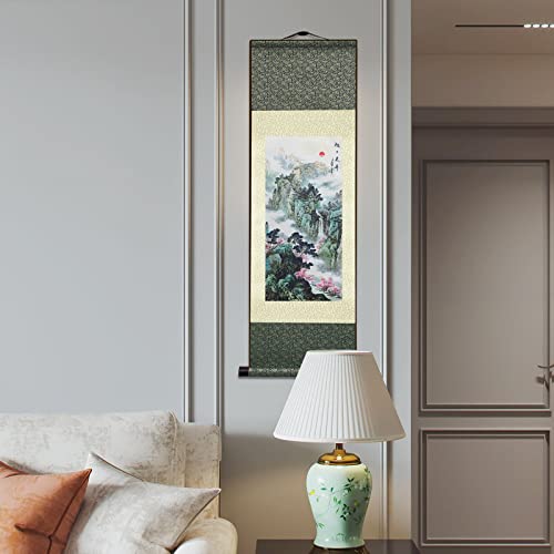 AtfArt Silk Scroll Painting, Waterfall River Landscape, 36.2x12in - color: A7