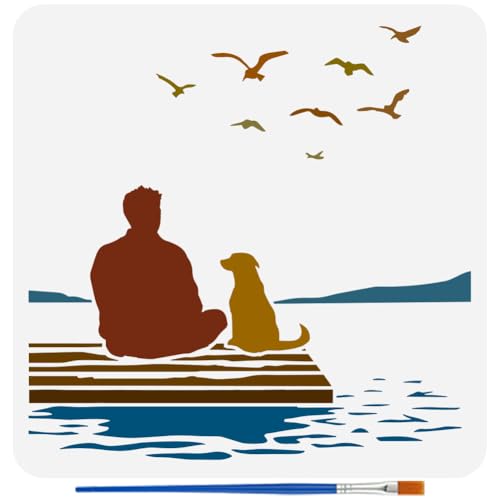 FINGERINSPIRE People and Dogs Stencil with 1Pc Plastic Paint Brush 11.8x11.8inch Reusable Shore Scenery Template Flying Birds Stencil Human Dog Pattern Template for DIY Art Craft Home Wall Decor - style: People and Dogs