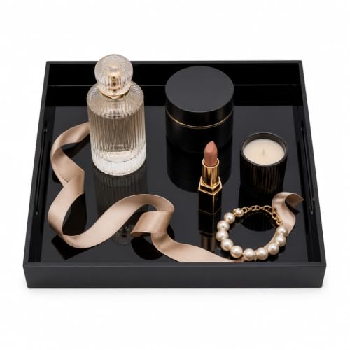 Black Tray 15x10” with Cut Handles - Large Plastic Tray for Ottoman Coffee Table, Kitchen, Office & Serving Guests - Modern Countertop Organizer & Ideal Decorative Tray - color: Black, size: 15" x 10" x 2"