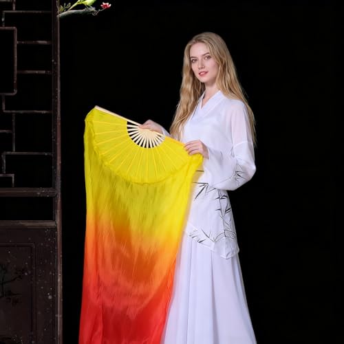 BRYCTSISEN Silk Belly Dance Fan Veil 2 Pairs Long Performance Folding Fan - color: Gradual Yellow