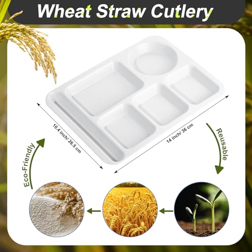 Pinkunn 12 Pcs 14'' Large Divided Plates Unbreakable Wheat Straw Lunch Trays 6 Compartments Cafeteria Trays Microwave Dishwasher Safe Food Separator Plates (White) - color: White