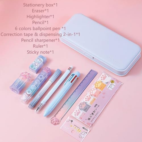 MOZXIRZ 9 Pcs Cute Blue Stationery Set for Girls Boys Women Back to School Supplies Office Supplies Cartoon Cat Paw Stationery Set Aesthetic Kawaii Stationery Gift (Blue) - color: Blue