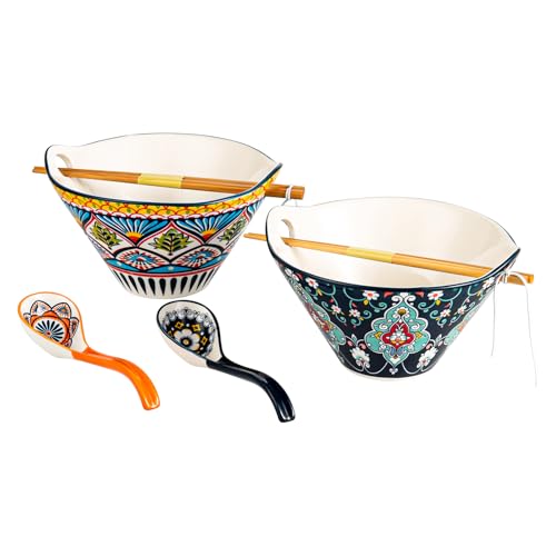 HENXFEN LEAD Boho Ramen & Pho Bowls Set of 2, 30 oz Ceramic Noodle Bowls