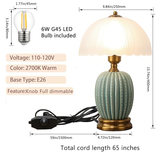 Ceramic Table Lamp Dimmable for Living Room, 16" Modern Vintage Bedside Nightstand Lamps with White Glass Shade,Classic Chinoiserie Retro Bedroom Lamp for Night Stands, Dorm,Office, Home Decor - color: Green Pineapple