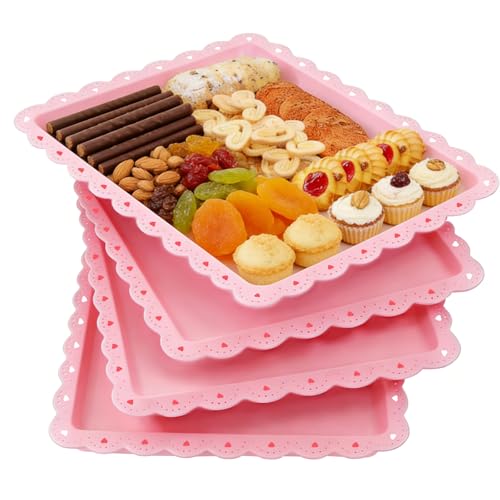 4 Pack Plastic Serving Tray for Party, 14.5 x 9.4 Inch Heavy Duty Platters for Party Buffet Wedding (Pink) - color: Pink