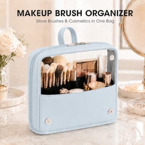 YDR Standing Makeup Brush Bag - Clear Portable Travel Cosmetic Pouch, Large Capacity Foldable Makeup Brush Holder, Water-Resistant Professional Makeup Tool Case for Women & Artists (Light Blue) - color: Light Blue