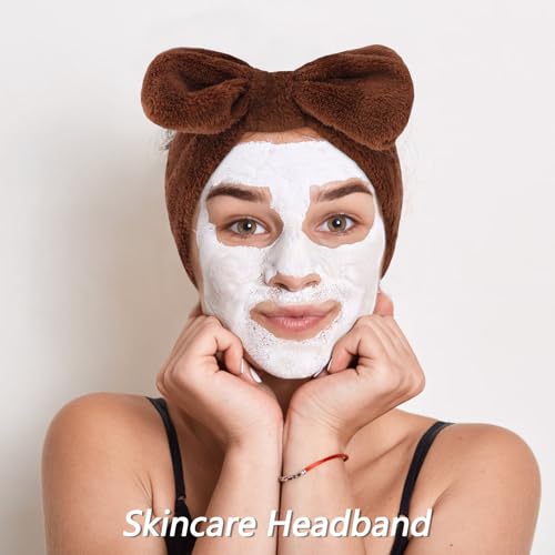 VELSCRUN Spa Headbands for Wash Face, Makeup Headband, Facial Skincare Headbands, 5 Pcs Dark Brown Puffy Sponge Spa Headband Bow Tie Hair Band Hair Clips Wristband Set Women Girls Accessories - color: Dark Brown