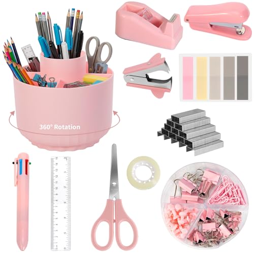 Pink Desk Accessories, 11Pcs Desk Organizer with 360° Rotating Pen Holder