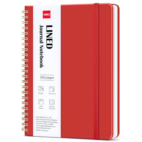 deli Red Lined Spiral Journal Notebook, 160 Pages, A5 (5.5"x8") Hardcover Writing Notebook, College Ruled Spiral Bound Journal for Women & Men - Perfect for Work, School, Office & Note Taking - color: Red