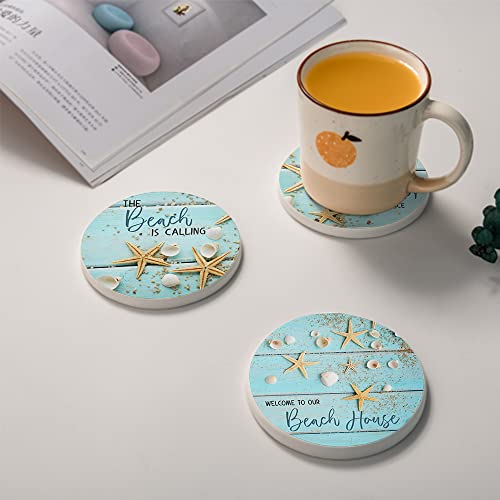 HUXJOKO Coasters for Drinks Set of 6,Seashells Starfish on Blue Wooden Absorbent Ceramic Coaster,Round Stone Mat,with Cork Base and Metal Holder for Coffee Table Room Bar Home Decor Housewarming Gifts - color: Seashells Starfish, size: Round