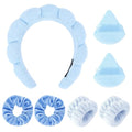 7Pcs Spa Set - Puffy Headband, Wristbands, Powder Puffs, Makeup Removal Terry Cloth Headband - Blue - color: Blue