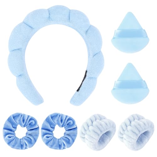 7Pcs Spa Set - Puffy Headband, Wristbands, Powder Puffs, Makeup Removal Terry Cloth Headband - Blue - color: Blue