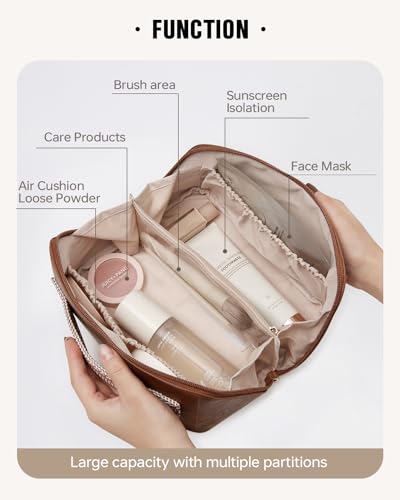 EACHY Travel Makeup Bag for Women, PU Leather Cosmetic Bag, Brown, Medium - color: C - Brown, size: Medium