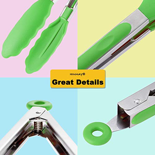 HINMAY Silicone Tongs 9" Stainless Steel Kitchen Tongs, Set of 3 (Green) - color: Green