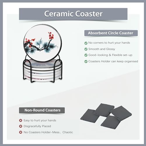 Drink Coasters Set of 6 with Holder,Japanese Cherry Blossom and Fujiyama Mountain Absorbent Ceramic Coasters with Cork Base,Fit All Cups,Tabletop Protection Mat for Mugs and Cups,Office,Kitchen - color: Japanese Cherry Blossom and Fujiyama Mountain