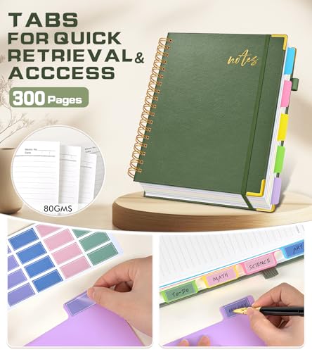Hardcover Spiral Notebook Journal 8.5" x 11" Leather 5 Subject Notebook with Removable Dividers Tabs, 300 Pages Organizer Notebooks for Work School, College Ruled, Large Lined Journal for Women,Sage - color: Sage Green, size: A4