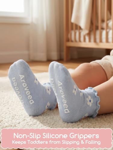 Aroveea Toddler Socks Non Slip Grip Baby Girls Kids Ankle Cute 12 Pack - color: Muted Ruffle, size: 1-3T