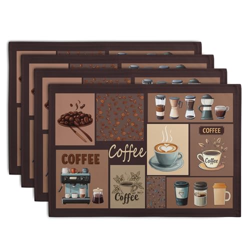 Coffee Theme Placemats Set of 4 Farmhouse Style Brown Linen Fabric Table Mat 12x18 Inch Washable Heat Resistant Non-Slip Place Mats for Home Party Kitchen Dining Decor - color: Coffee Theme