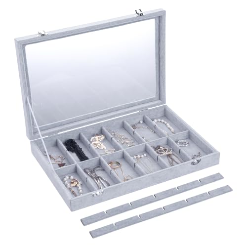 Frebeauty 24 Grid Earring Organizer,Velvet Jewelry Tray with Clear Lid - color: Grey, size: 24 Grid
