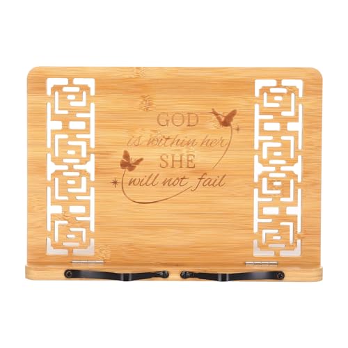 MEGREZ Foldable Bamboo Book Stand Adjustable Cookbook Reading Holder - color: God is Within Her