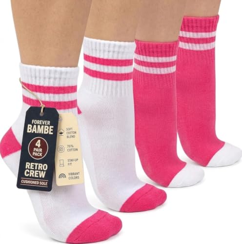 Forever Bambe Mini Crew Socks for Women 4-Pack Cushioned Bottom Retro Striped Socks - Athletic Women's Short Calf Sock - color: 2 - Pink