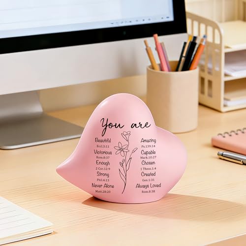 Pink Ceramic Heart Figurine, Christian Gift for Women, 4 Inch - style: Christian