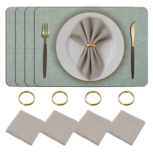 Placemats Set of 4 with Napkins and Rings - Washable Faux Leather Table Mat - color: Green, size: Placemats Set of 4