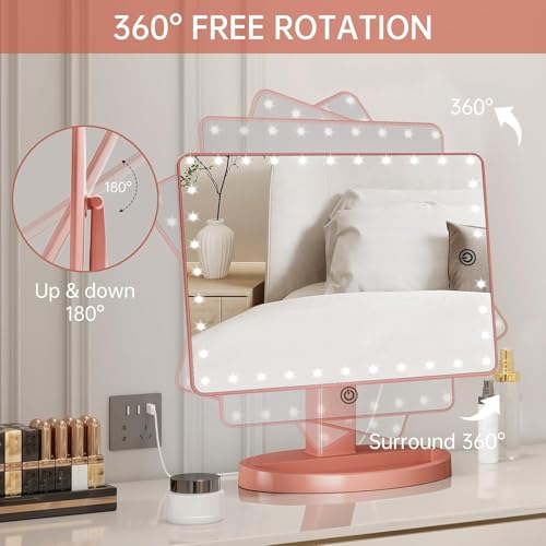 FUNTOUCH Large Lighted Makeup Mirror with Lights (Rose Gold) - color: Rose Gold D